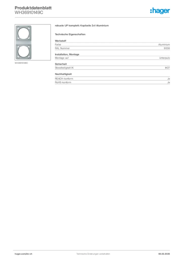 Bild Hager Produktdatenblatt WH36910149C | Hager Schweiz