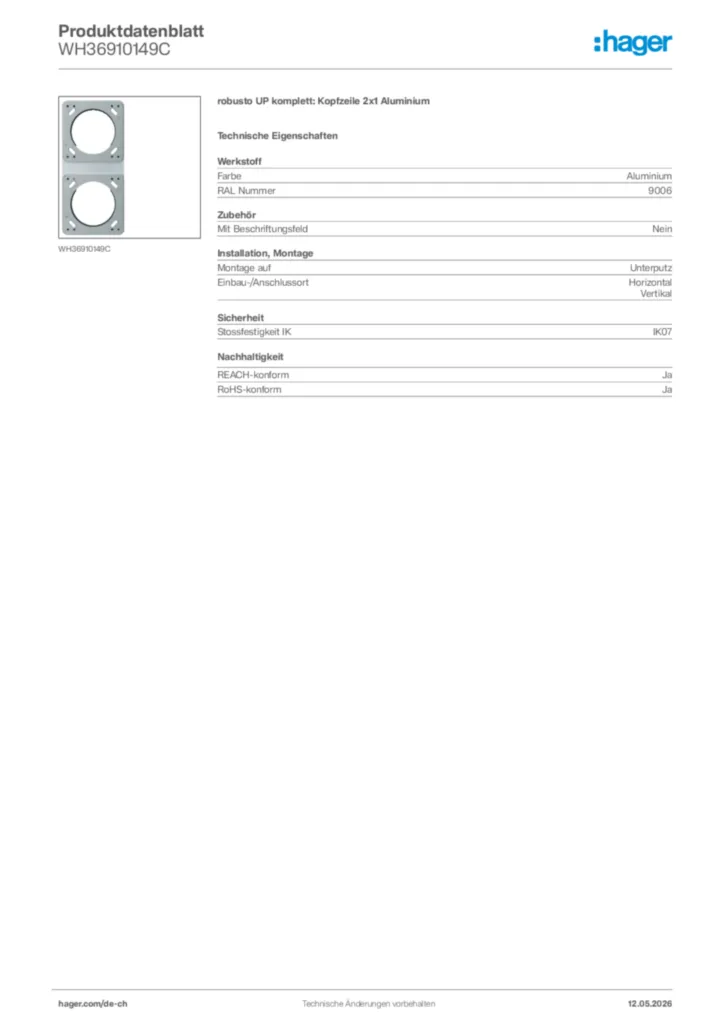 Bild Hager Produktdatenblatt WH36910149C | Hager Schweiz