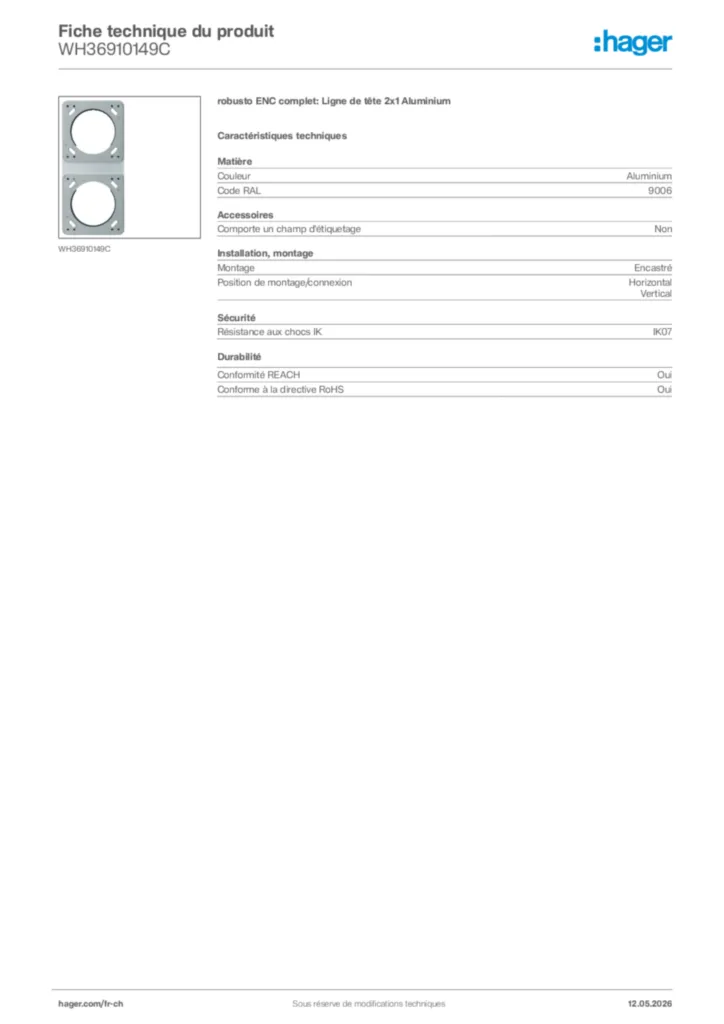 Image Hager Fiche technique du produit WH36910149C | Hager Suisse