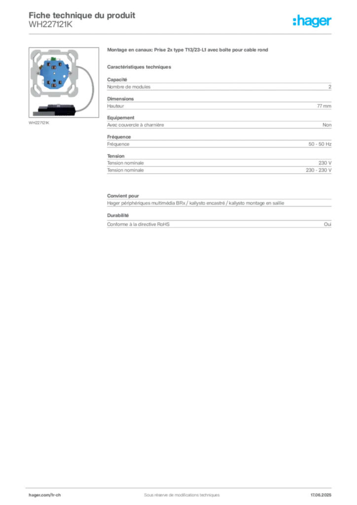 Image Hager Fiche technique du produit WH227121K | Hager Suisse