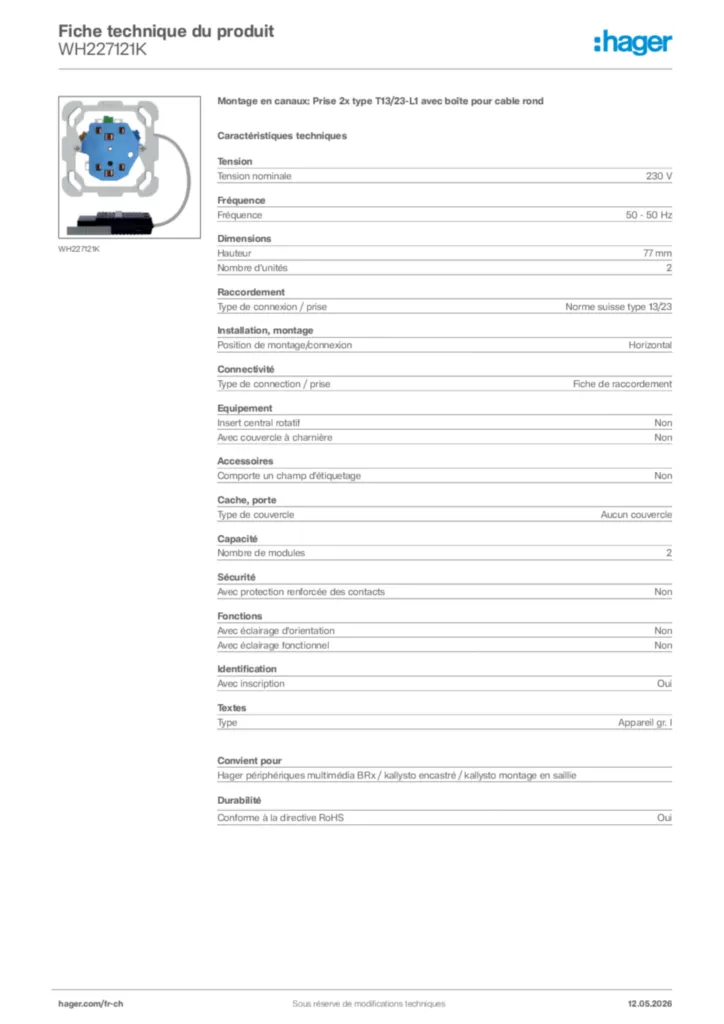 Image Hager Fiche technique du produit WH227121K | Hager Suisse
