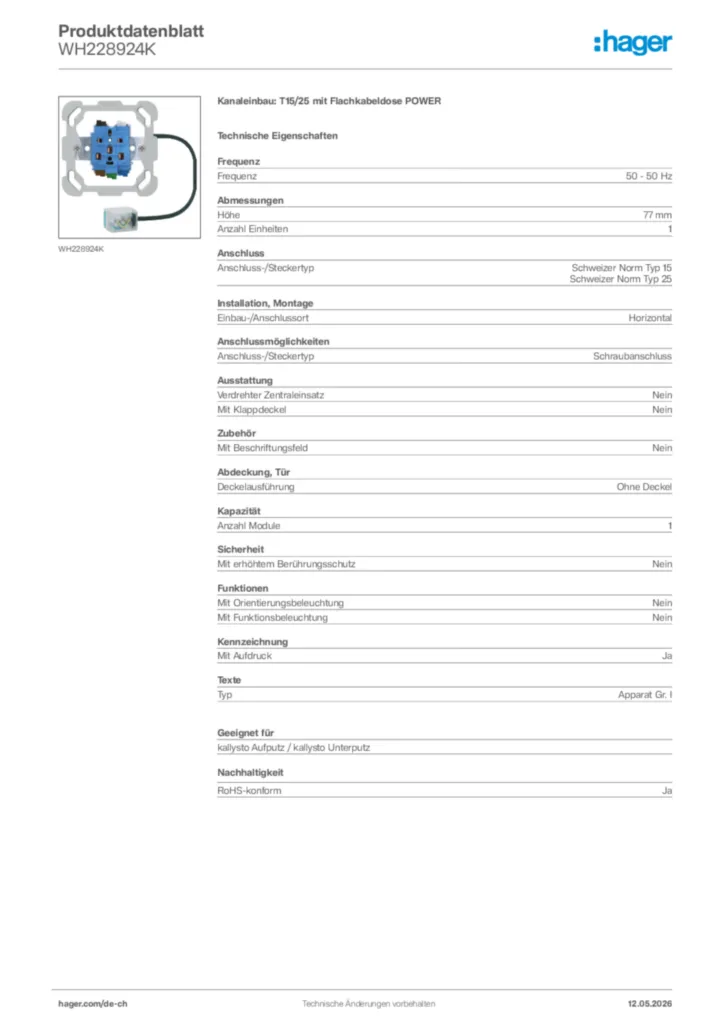 Bild Hager Produktdatenblatt WH228924K | Hager Schweiz