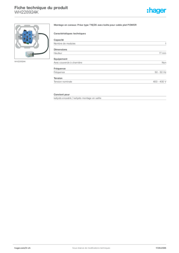 Image Hager Fiche technique du produit WH228924K | Hager Suisse
