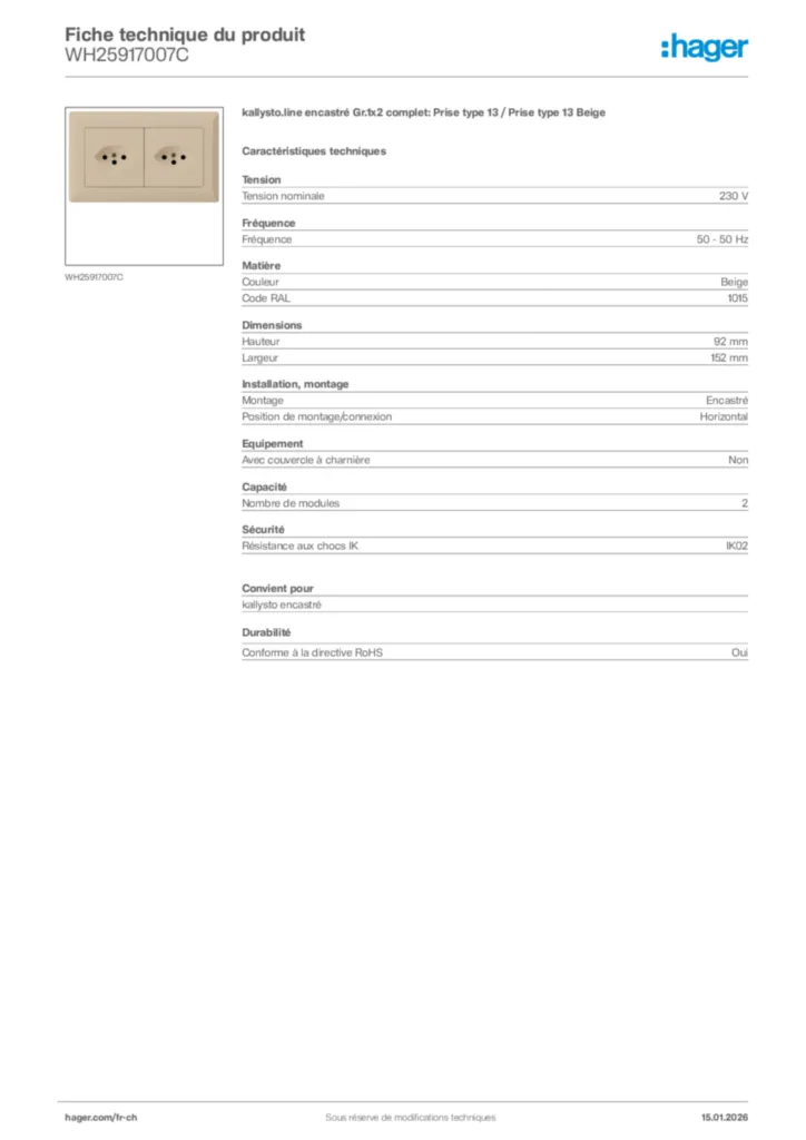 Image Hager Fiche technique du produit WH25917007C | Hager Suisse