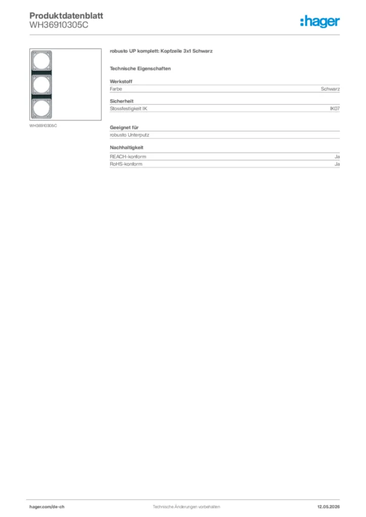 Bild Hager Produktdatenblatt WH36910305C | Hager Schweiz