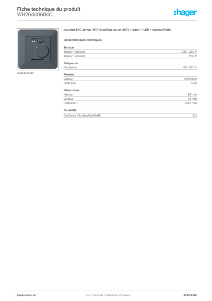 Image Hager Fiche technique du produit WH26440604C | Hager Suisse