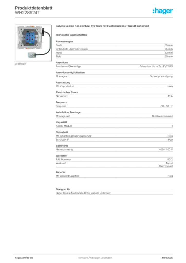 Bild Hager Produktdatenblatt WH228924T | Hager Schweiz