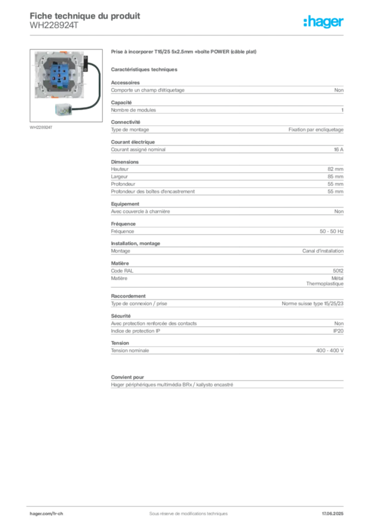 Image Hager Fiche technique du produit WH228924T | Hager Suisse