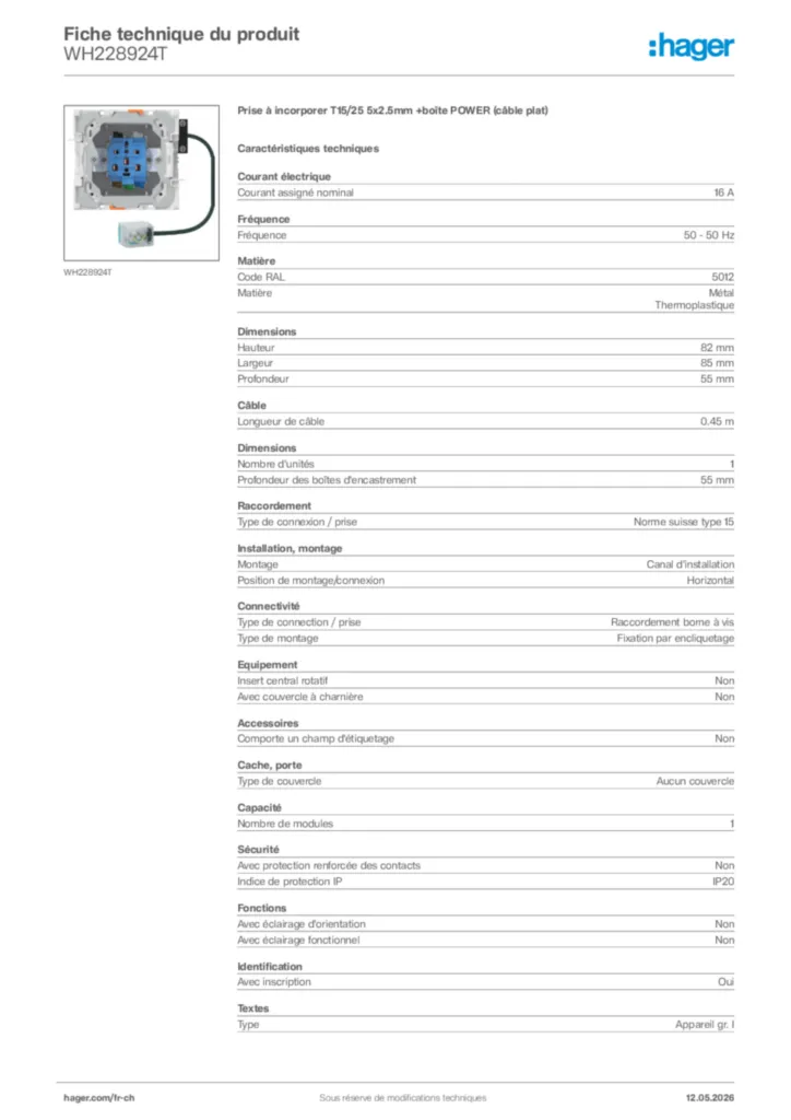 Image Hager Fiche technique du produit WH228924T | Hager Suisse