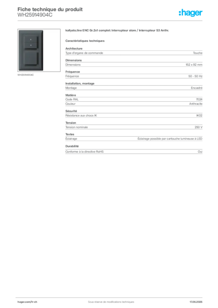 Image Hager Fiche technique du produit WH25914904C | Hager Suisse