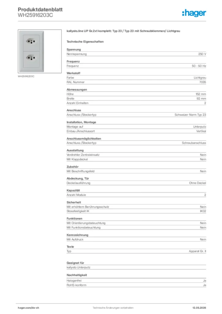 Bild Hager Produktdatenblatt WH25916203C | Hager Schweiz