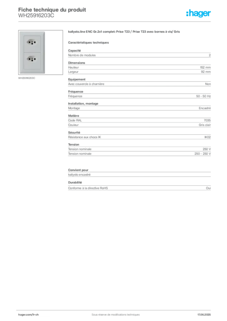 Image Hager Fiche technique du produit WH25916203C | Hager Suisse