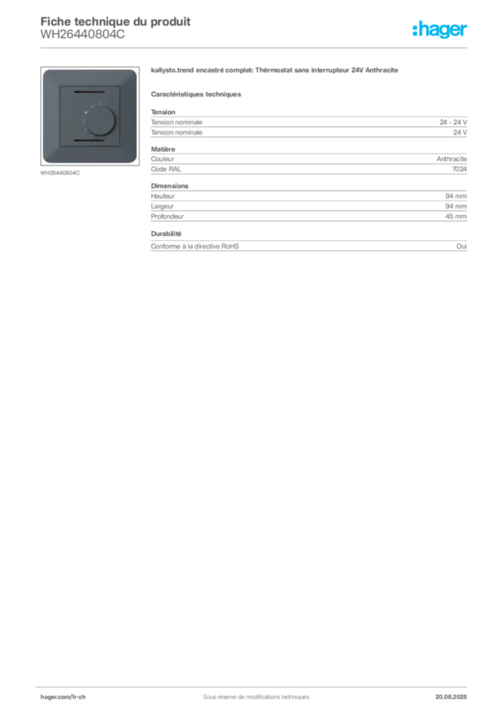 Image Hager Fiche technique du produit WH26440804C | Hager Suisse