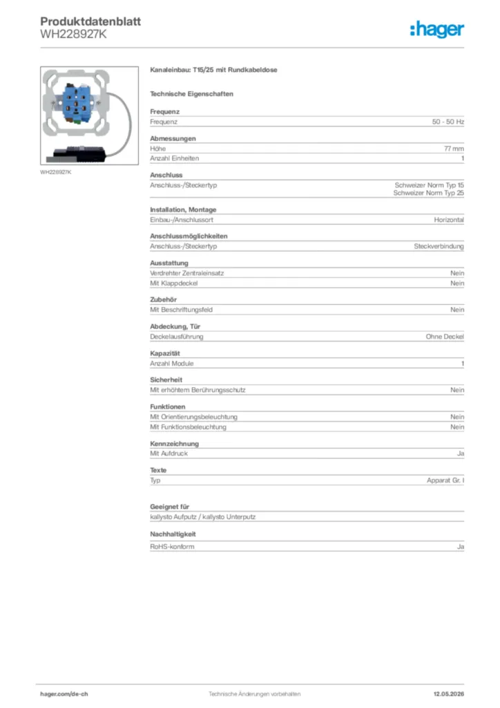Bild Hager Produktdatenblatt WH228927K | Hager Schweiz