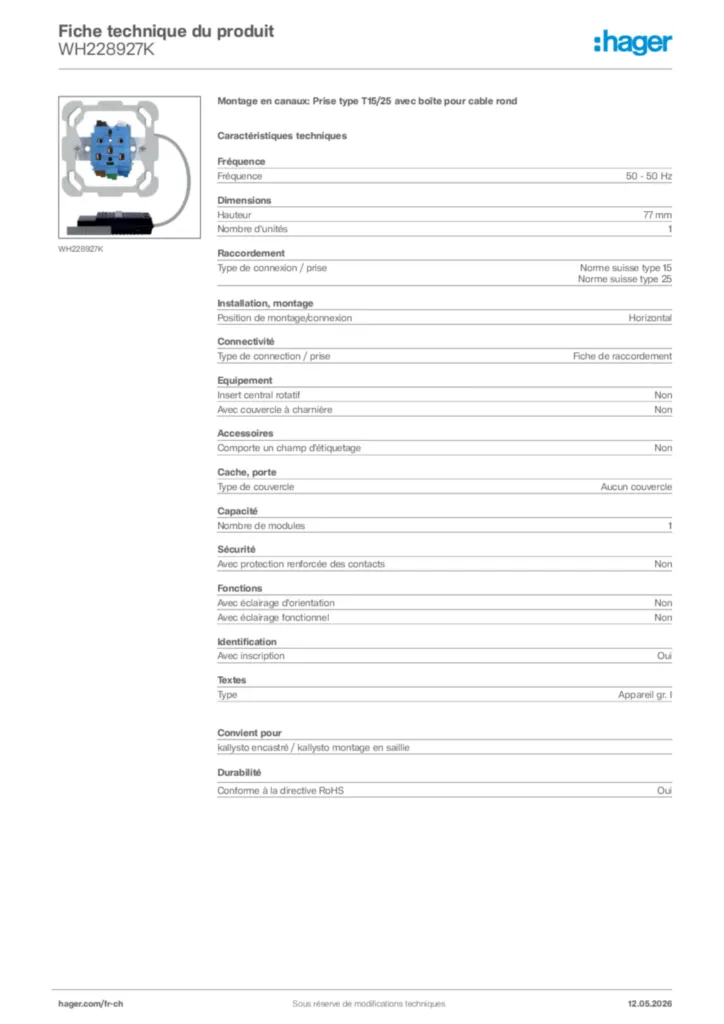 Image Hager Fiche technique du produit WH228927K | Hager Suisse
