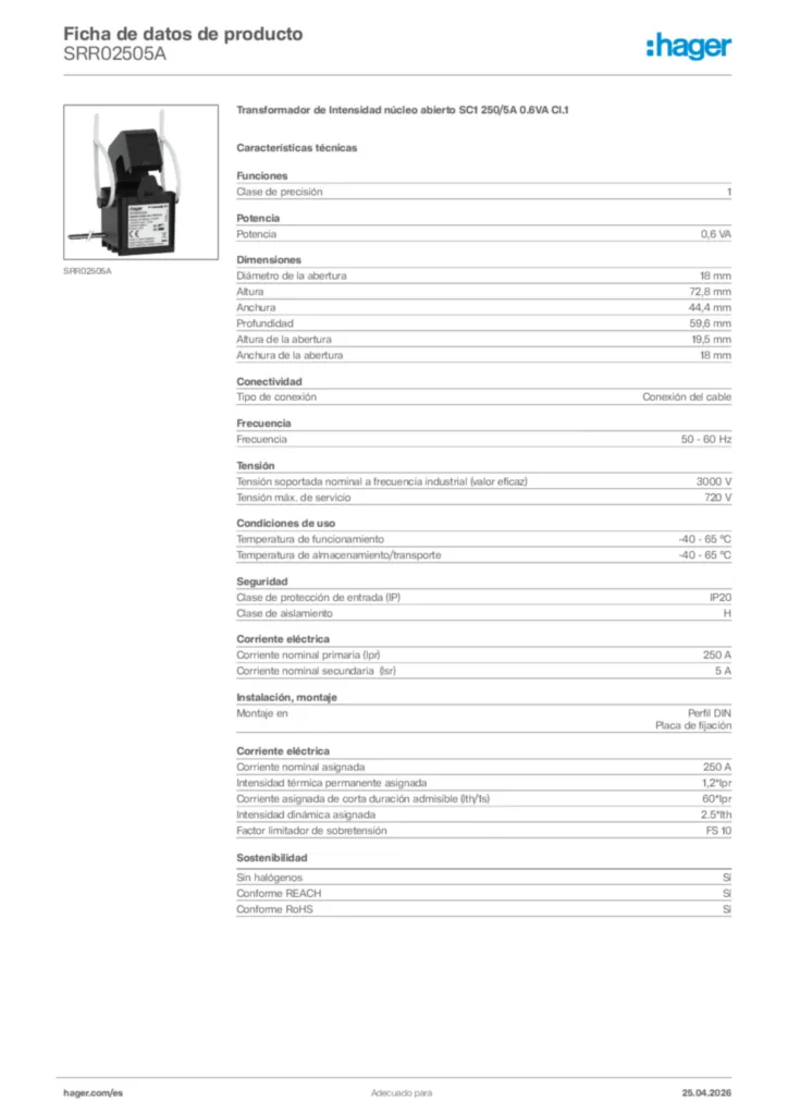 Imagen Hager Ficha de datos de producto SRR02505A | Hager España