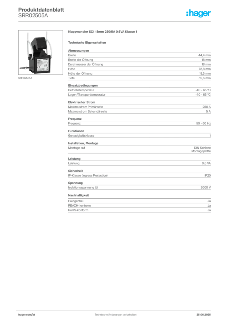 Bild Hager Produktdatenblatt SRR02505A | Hager Deutschland