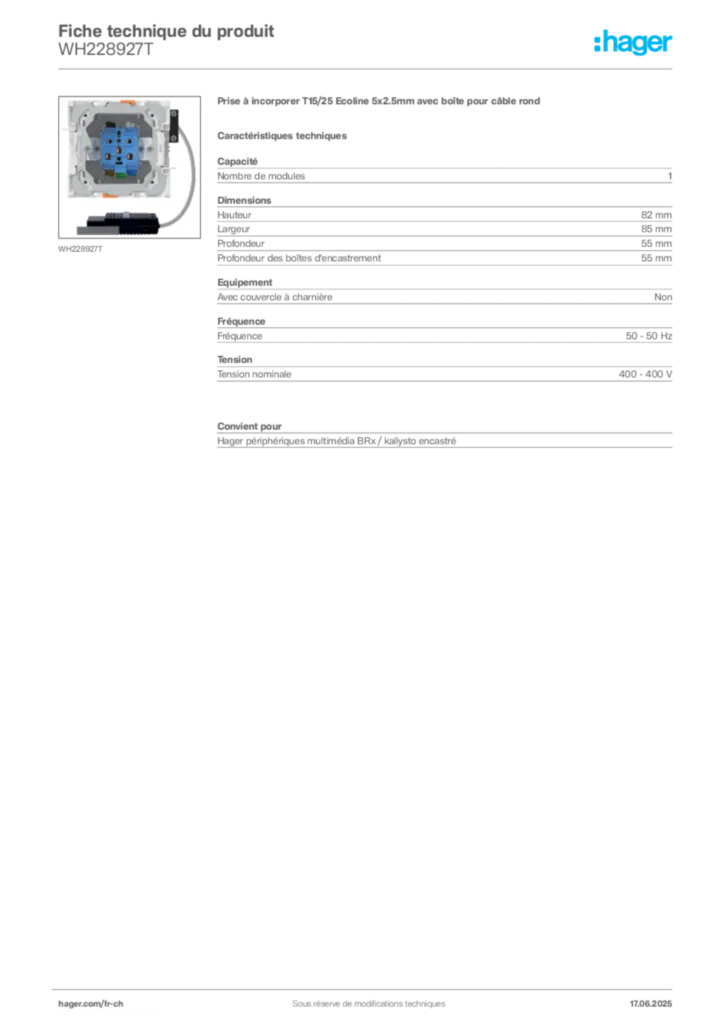 Image Hager Fiche technique du produit WH228927T | Hager Suisse