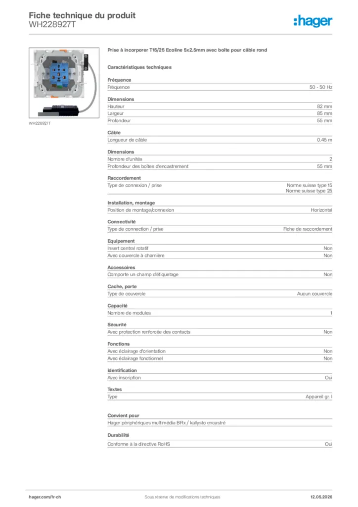 Image Hager Fiche technique du produit WH228927T | Hager Suisse