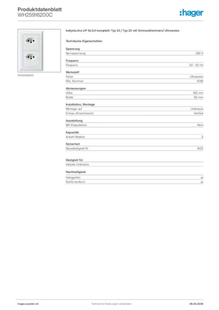Bild Hager Produktdatenblatt WH25916200C | Hager Schweiz