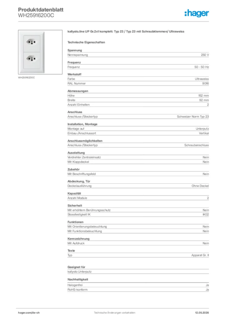 Bild Hager Produktdatenblatt WH25916200C | Hager Schweiz