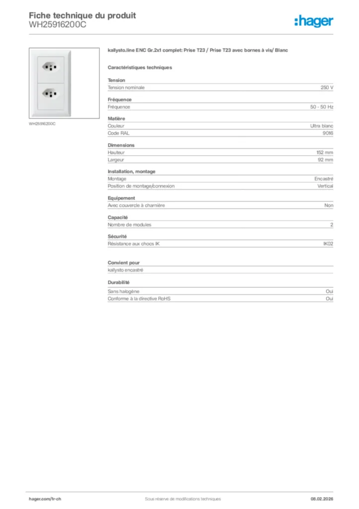 Image Hager Fiche technique du produit WH25916200C | Hager Suisse