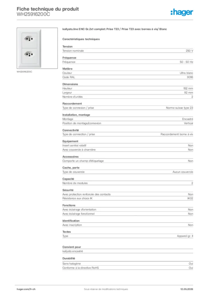 Image Hager Fiche technique du produit WH25916200C | Hager Suisse