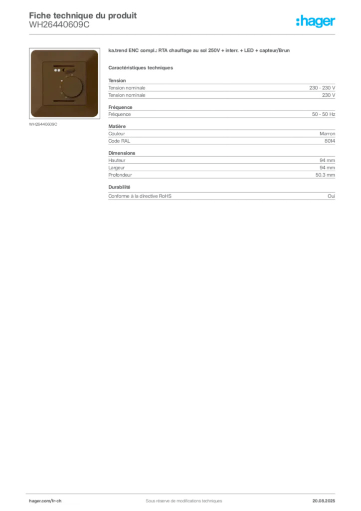 Image Hager Fiche technique du produit WH26440609C | Hager Suisse