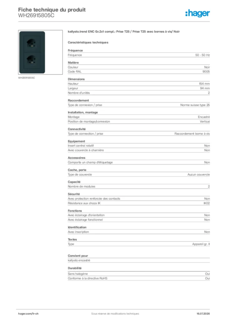 Image Hager Fiche technique du produit WH26915805C | Hager Suisse