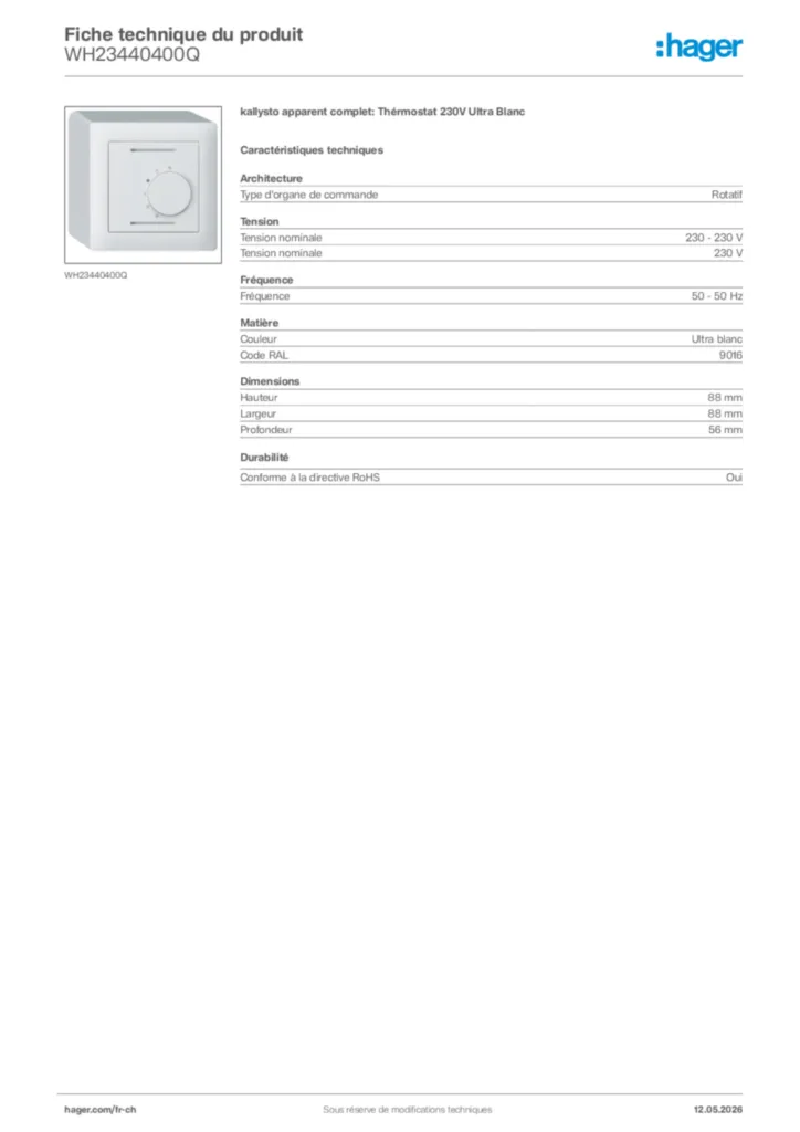 Image Hager Fiche technique du produit WH23440400Q | Hager Suisse