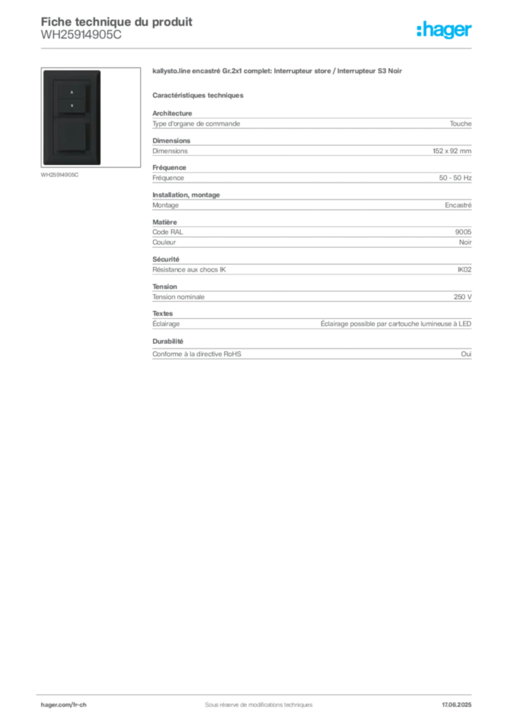 Image Hager Fiche technique du produit WH25914905C | Hager Suisse