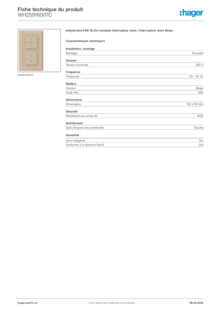 Image Hager Fiche technique du produit WH25916007C | Hager Suisse