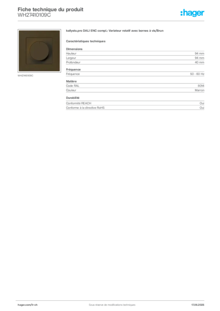 Image Hager Fiche technique du produit WH27410109C | Hager Suisse