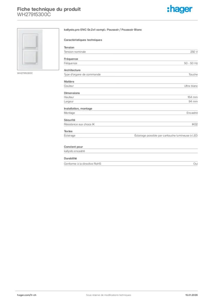 Image Hager Fiche technique du produit WH27915300C | Hager Suisse