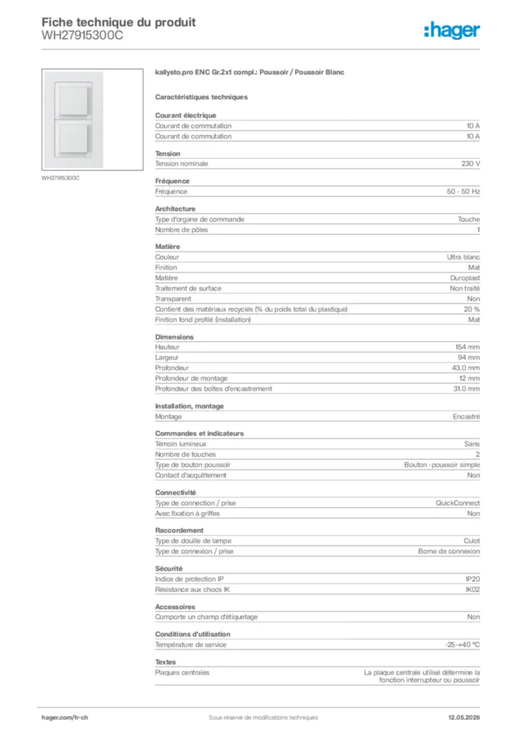 Image Hager Fiche technique du produit WH27915300C | Hager Suisse