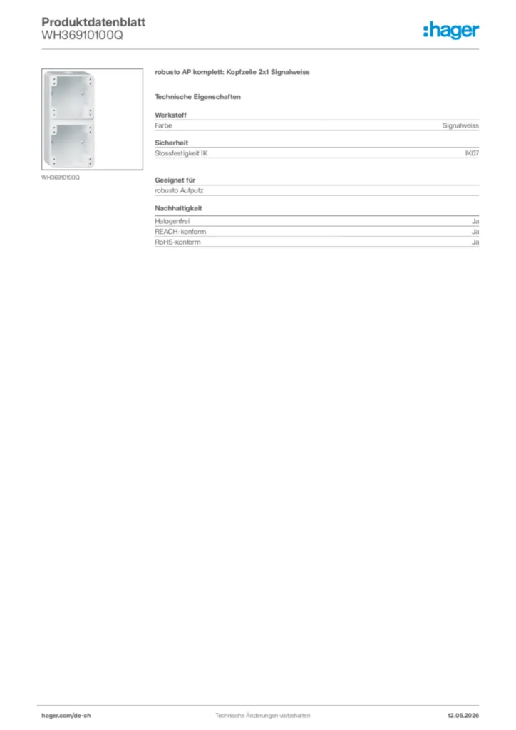 Bild Hager Produktdatenblatt WH36910100Q | Hager Schweiz