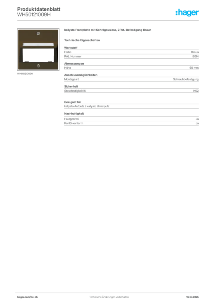 Bild Hager Produktdatenblatt WH50121009H | Hager Schweiz