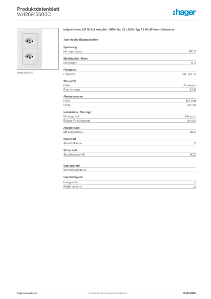 Bild Hager Produktdatenblatt WH26915600C | Hager Schweiz