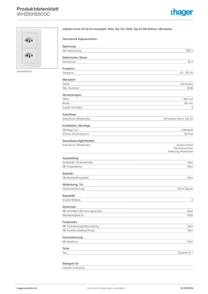 Bild Hager Produktdatenblatt WH26915600C | Hager Schweiz