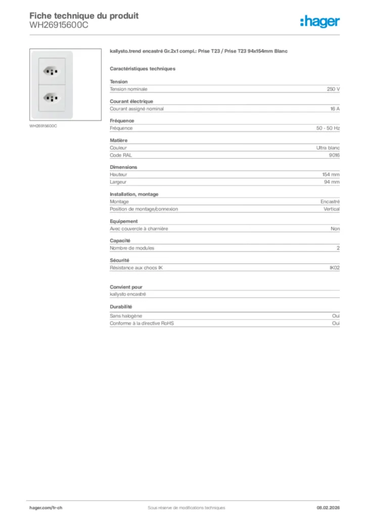 Image Hager Fiche technique du produit WH26915600C | Hager Suisse