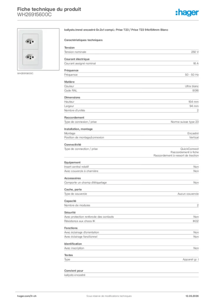 Image Hager Fiche technique du produit WH26915600C | Hager Suisse