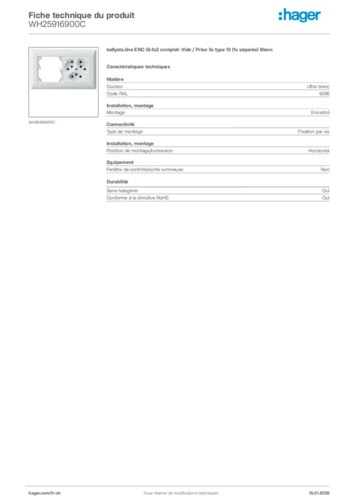 Image Hager Fiche technique du produit WH25916900C | Hager Suisse