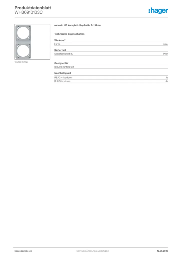 Bild Hager Produktdatenblatt WH36910103C | Hager Schweiz