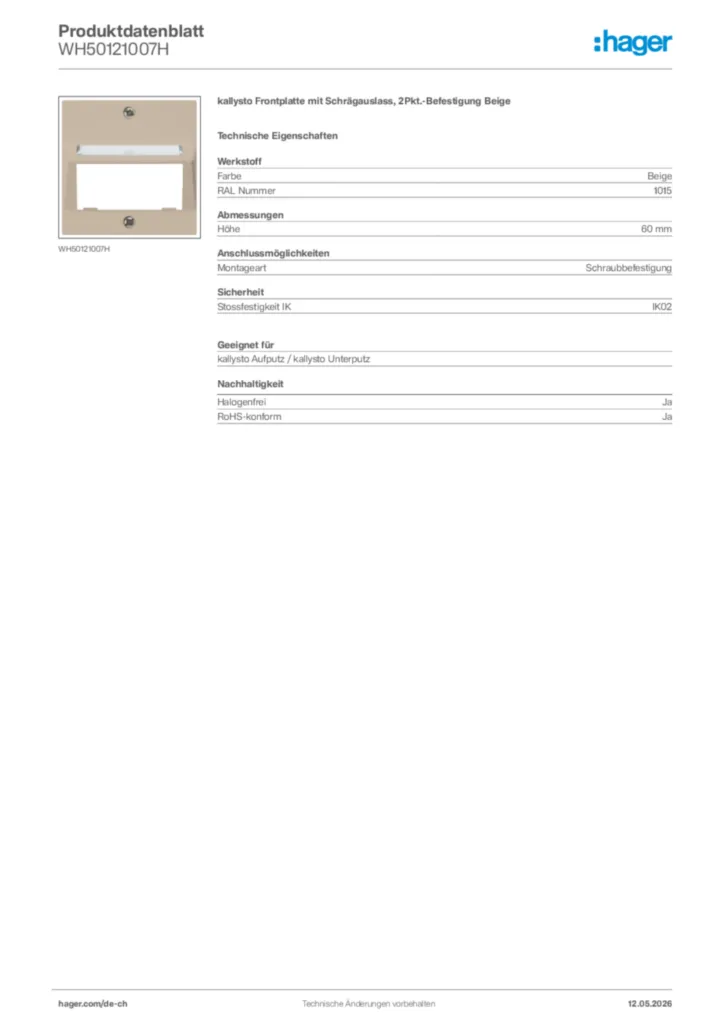 Bild Hager Produktdatenblatt WH50121007H | Hager Schweiz