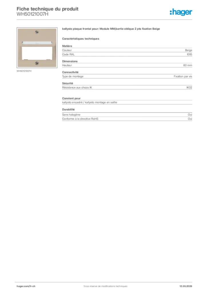 Image Hager Fiche technique du produit WH50121007H | Hager Suisse