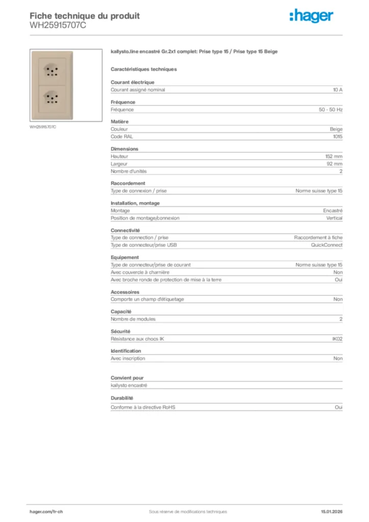 Image Hager Fiche technique du produit WH25915707C | Hager Suisse