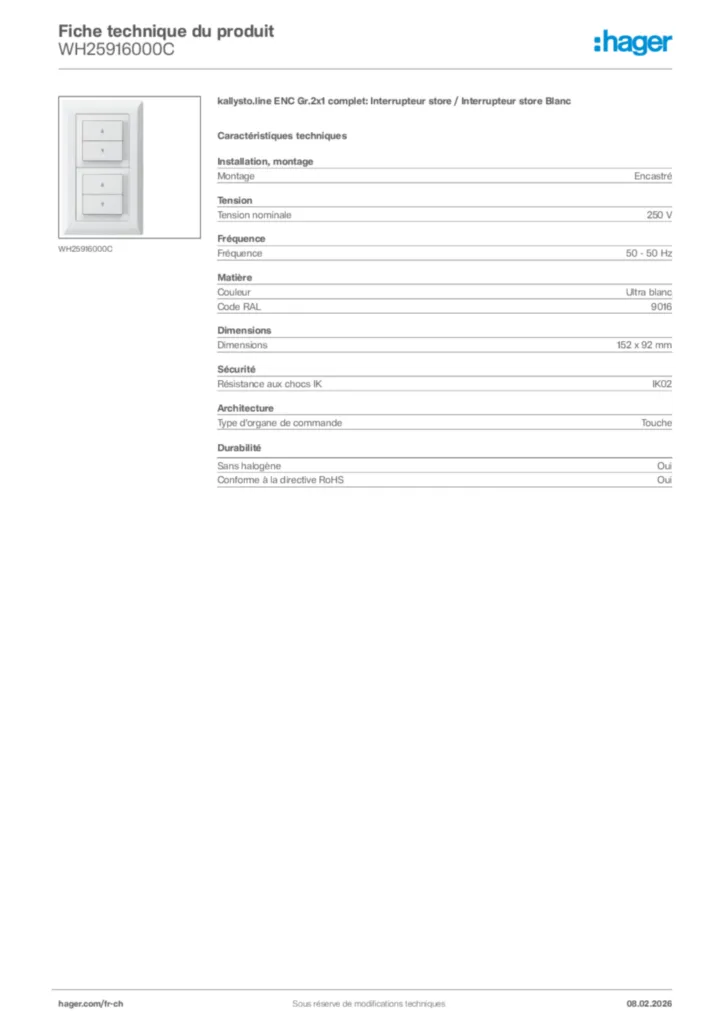 Image Hager Fiche technique du produit WH25916000C | Hager Suisse