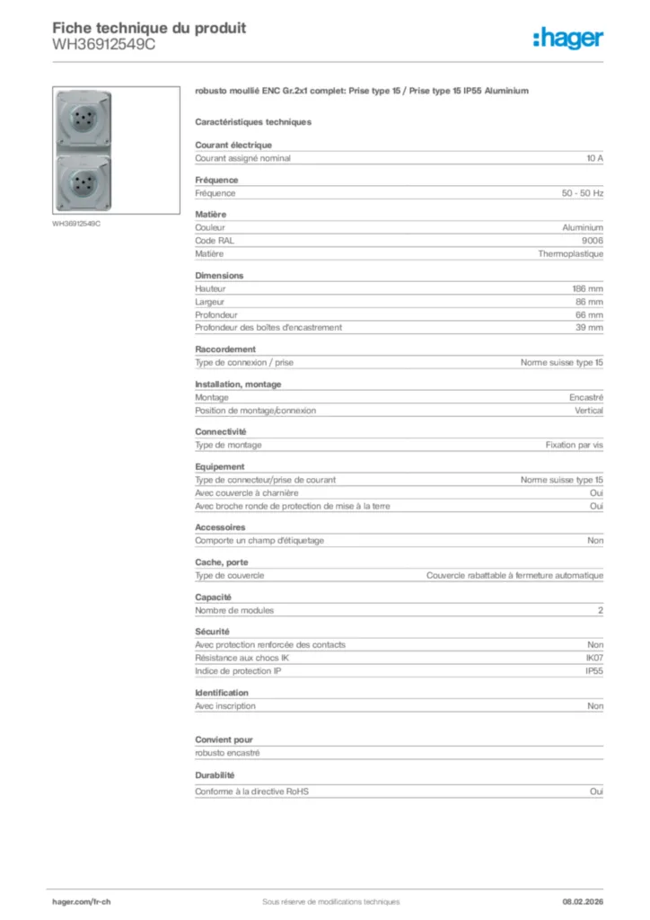 Image Hager Fiche technique du produit WH36912549C | Hager Suisse