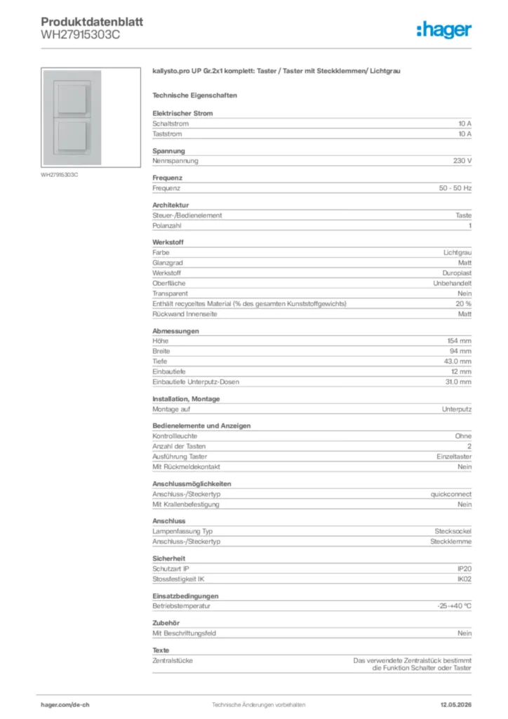 Bild Hager Produktdatenblatt WH27915303C | Hager Schweiz