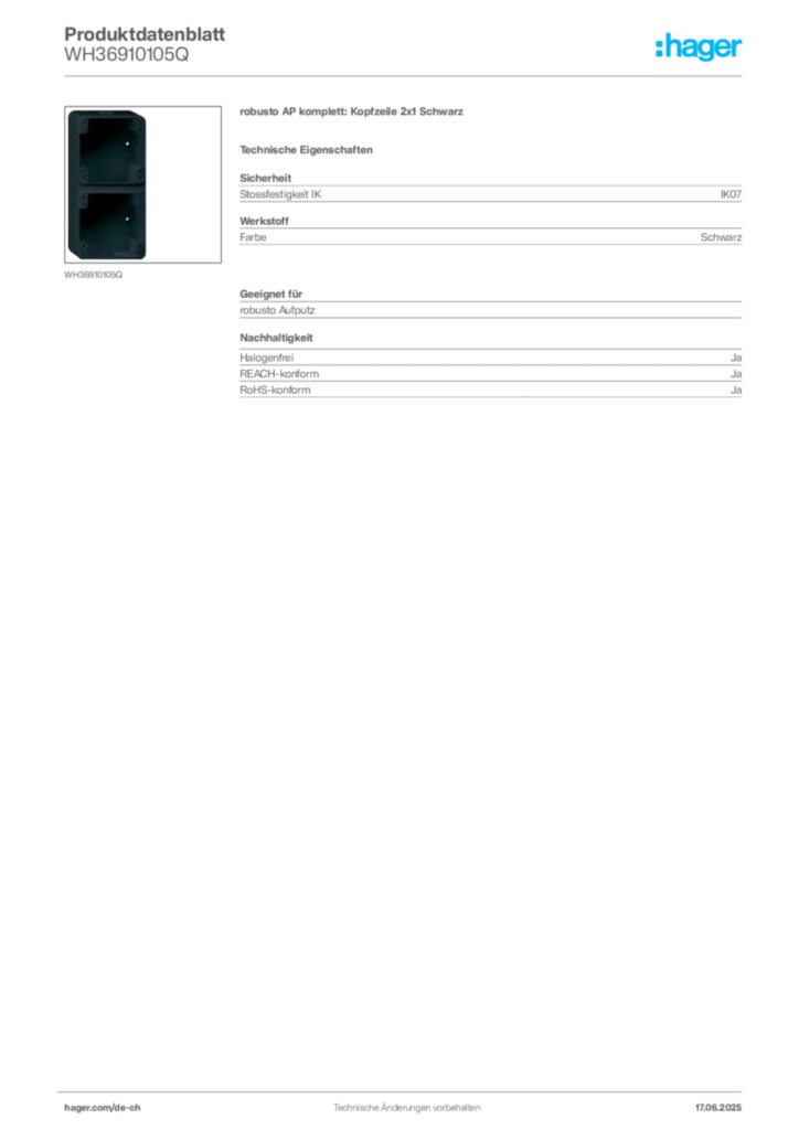 Bild Hager Produktdatenblatt WH36910105Q | Hager Schweiz